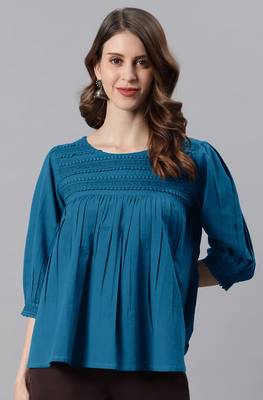 Janasya Blue embroidered cotton party tops 2