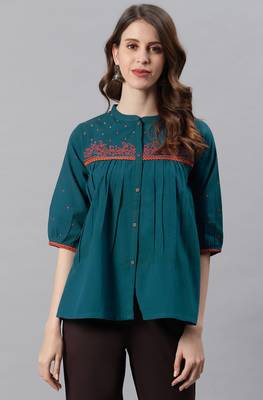 Teal embroidered cotton party tops 2