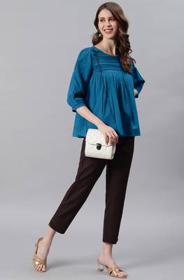 Janasya Blue embroidered cotton party tops 3