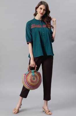 Teal embroidered cotton party tops 3