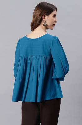 Janasya Blue embroidered cotton party tops 4