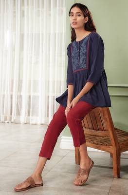 Navy blue embroidered cotton party tops 1