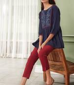 Navy blue embroidered cotton party tops