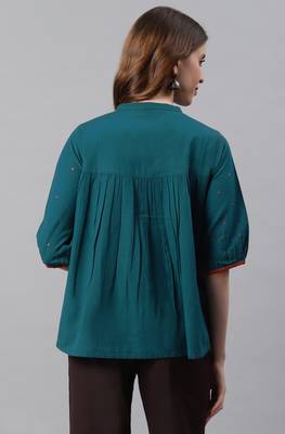 Teal embroidered cotton party tops 4