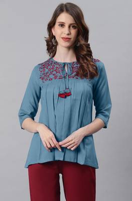 Blue embroidered cotton party tops 2
