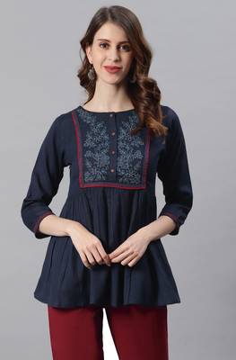 Navy blue embroidered cotton party tops 2