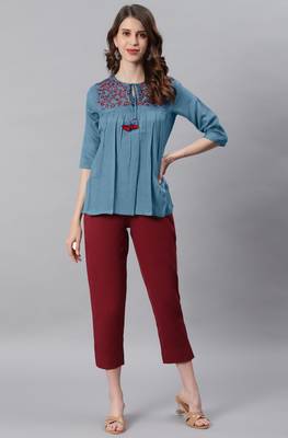 Blue embroidered cotton party tops 3