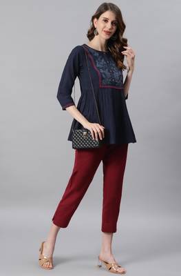 Navy blue embroidered cotton party tops 3