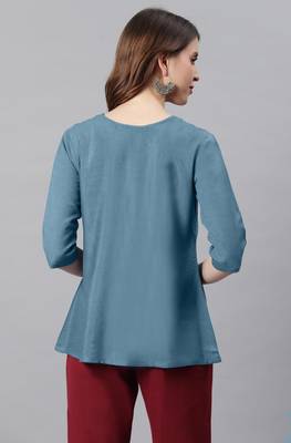 Blue embroidered cotton party tops 4