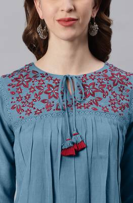 Blue embroidered cotton party tops 5