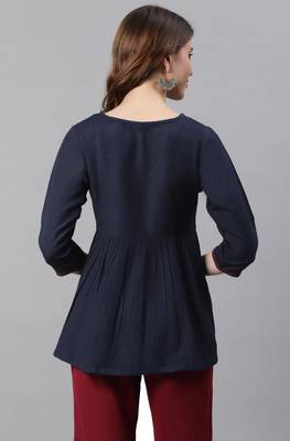 Navy blue embroidered cotton party tops 4