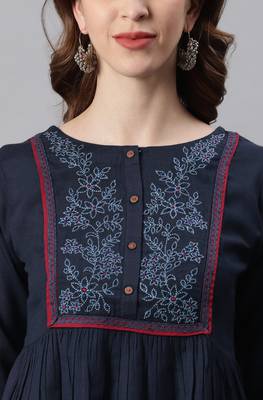Navy blue embroidered cotton party tops 5