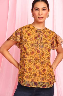 Mustard printed georgette party tops 5