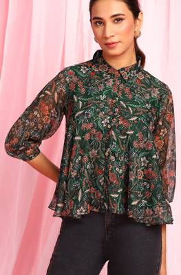 Green printed georgette party tops 5