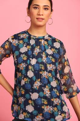 Navy blue printed georgette party tops 5
