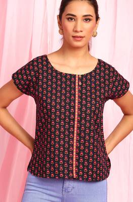 Janasya Black printed cotton party tops 5