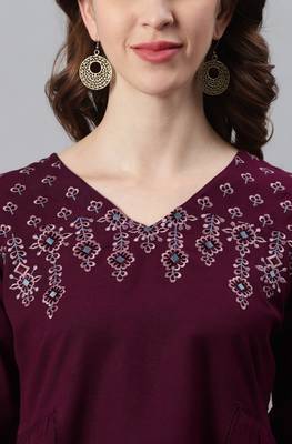 Janasya Burgundy embroidered cotton party tops 5
