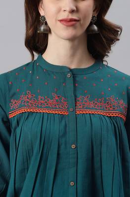 Teal embroidered cotton party tops 5