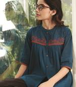 Teal embroidered cotton party tops