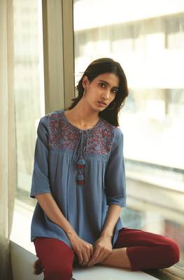 Blue embroidered cotton party tops 1