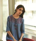 Blue embroidered cotton party tops