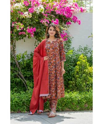red cotton stitched   Kurta WITH    Pant WITH     dupTTA 1