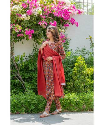 red cotton stitched   Kurta WITH    Pant WITH     dupTTA 3