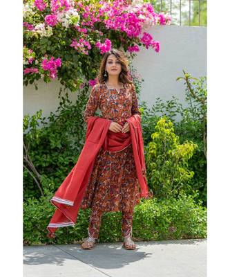 red cotton stitched   Kurta WITH    Pant WITH     dupTTA 6