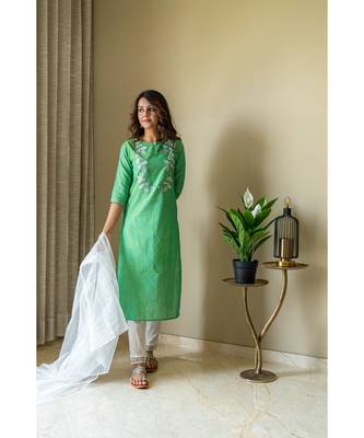 green khadi cotton stitched   Kurta WITH    Pant WITH     dupTTA 1