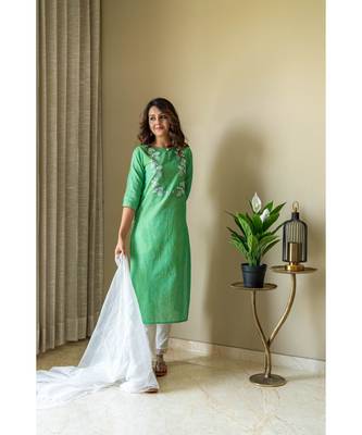 green khadi cotton stitched   Kurta WITH    Pant WITH     dupTTA 2