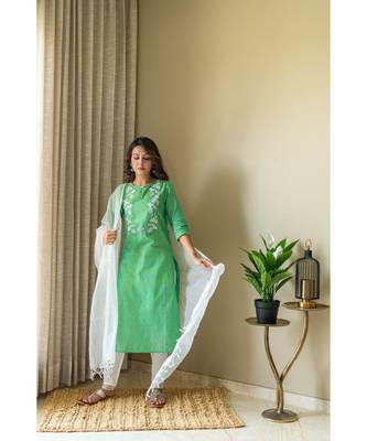 green khadi cotton stitched   Kurta WITH    Pant WITH     dupTTA 3