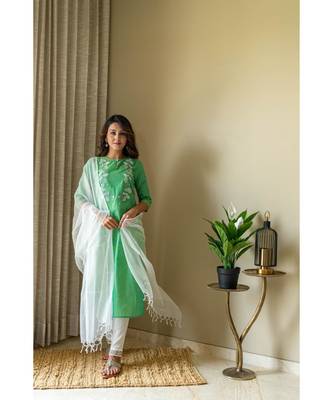 green khadi cotton stitched   Kurta WITH    Pant WITH     dupTTA 4