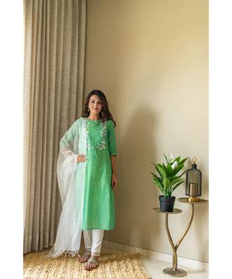 green khadi cotton stitched   Kurta WITH    Pant WITH     dupTTA 5