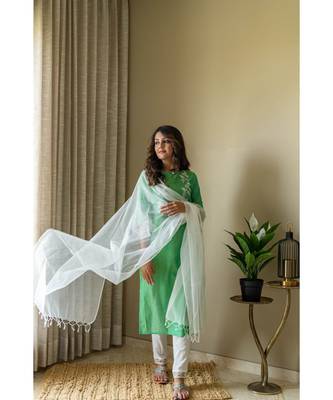 green khadi cotton stitched   Kurta WITH    Pant WITH     dupTTA 7