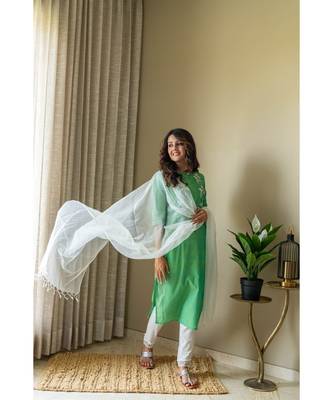 green khadi cotton stitched   Kurta WITH    Pant WITH     dupTTA 8