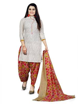 White Women's Cotton Geometric Printed Unstitched Salwar Suit Material 1