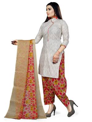 White Women's Cotton Geometric Printed Unstitched Salwar Suit Material 2