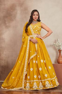 Mustard Yellow Thread And Sequins Embroidered Heavy Georgette Indian Wedding Lehenga Dress 1