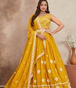 Mustard Yellow Thread And Sequins Embroidered Heavy Georgette Indian Wedding Lehenga Dress
