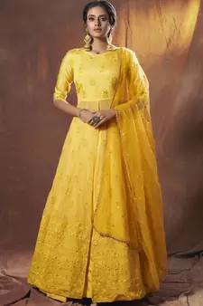 Mustard Yellow Thread and Sequins Embroidered Heavy Georgette Fabric Indian wedding Lehenga Dress