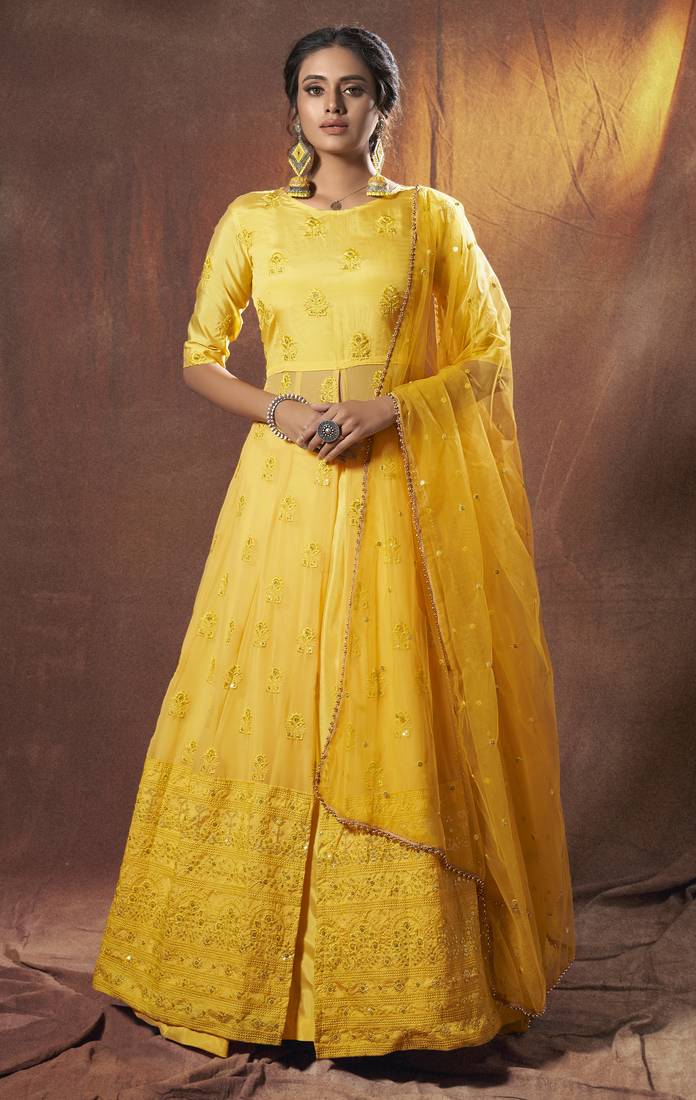 Mustard Yellow Thread and Sequins Embroidered Heavy Georgette Fabric Indian wedding Lehenga Dress