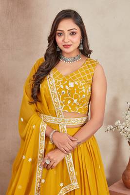 Mustard Yellow Thread And Sequins Embroidered Heavy Georgette Indian Wedding Lehenga Dress 2