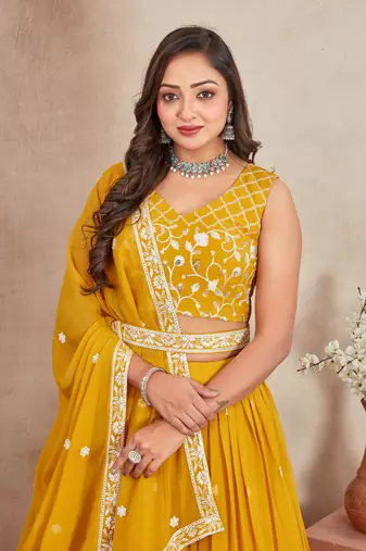Mustard Yellow Thread And Sequins Embroidered Heavy Georgette Indian Wedding Lehenga Dress