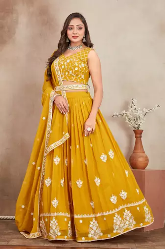 Mustard Yellow Thread And Sequins Embroidered Heavy Georgette Indian Wedding Lehenga Dress