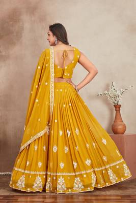 Mustard Yellow Thread And Sequins Embroidered Heavy Georgette Indian Wedding Lehenga Dress 4