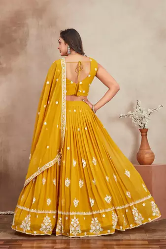 Mustard Yellow Thread And Sequins Embroidered Heavy Georgette Indian Wedding Lehenga Dress