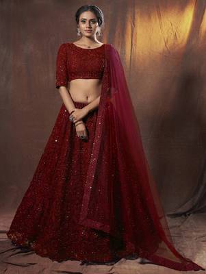 Maroon thread embroidery net semi stitched party lehenga 1