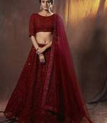 Maroon thread embroidery net semi stitched party lehenga