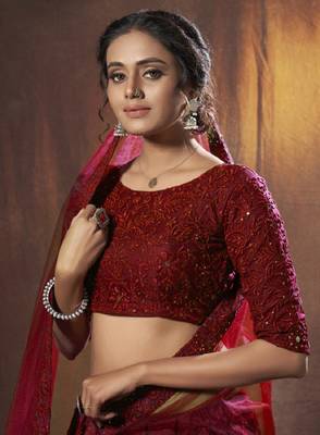 Maroon thread embroidery net semi stitched party lehenga 2