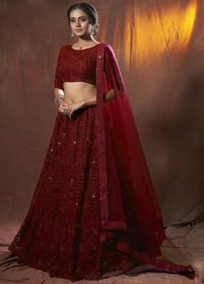 Maroon thread embroidery net semi stitched party lehenga 3